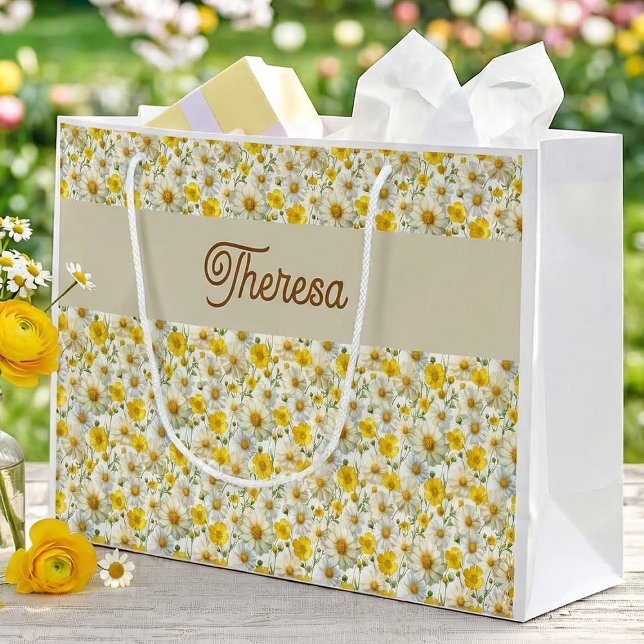 Yellow Wildflowers Pattern Monogram Name Große Geschenktüte (Von Creator hochgeladen)