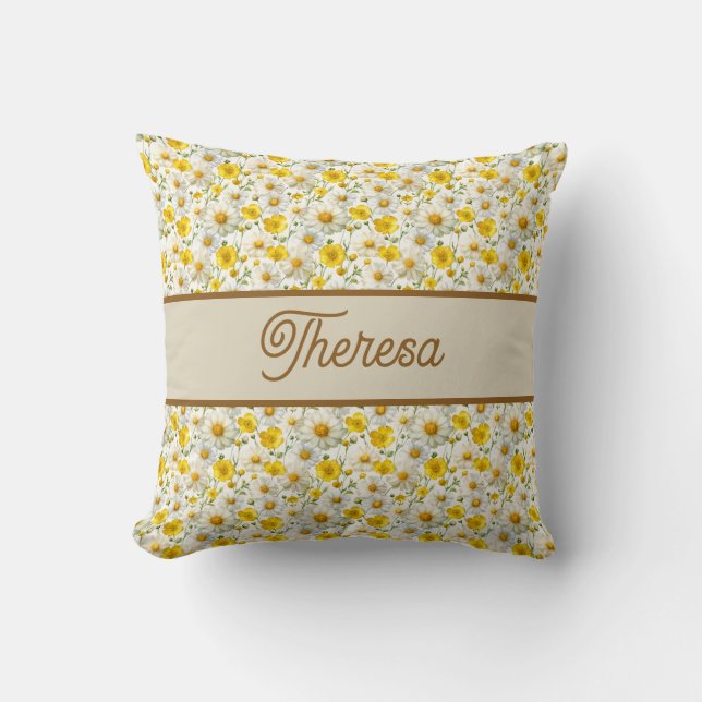Yellow Wildflowers Pattern Monogram Name Kissen (Vorderseite)