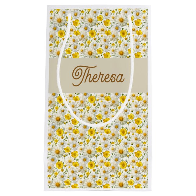 Yellow Wildflowers Pattern Monogram Name Kleine Geschenktüte (Vorderseite)