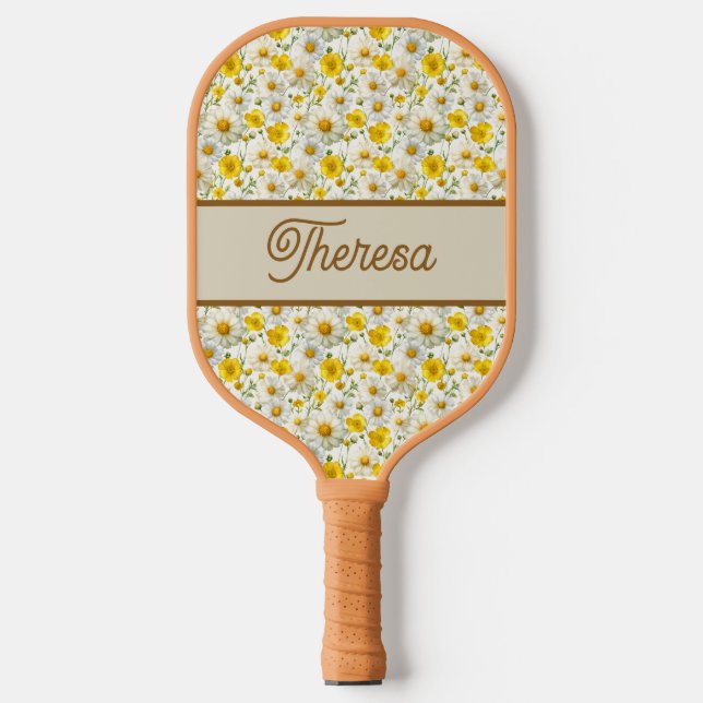Yellow Wildflowers Pattern Monogram Name Pickleball Schläger (Vorderseite)