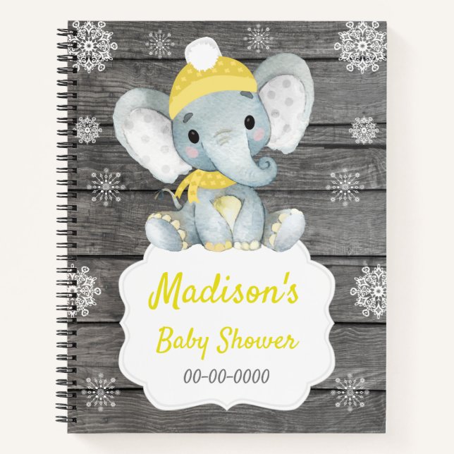 Yellow Winter Elephant Book Baby Dusche Rustikal Notizbuch (Vorderseite)