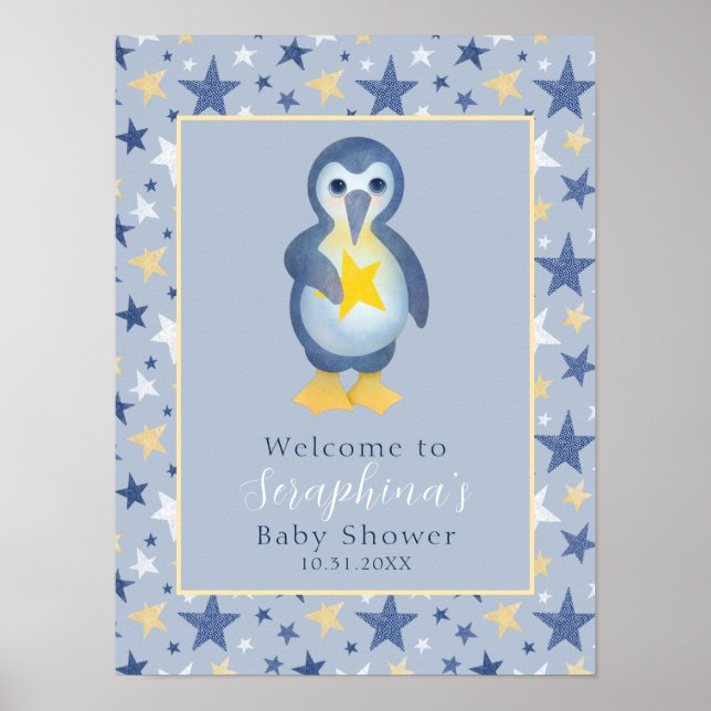 Yellow Winter Star Pinguin Babydusche Willkommen Poster (Vorne)