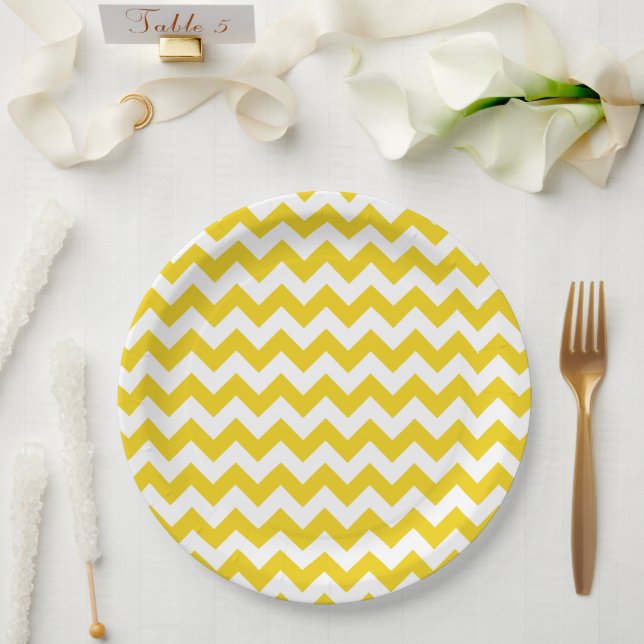 Yellow Zigzag, gelb Zickzack, geometrisches Muster Pappteller (Hochzeit)