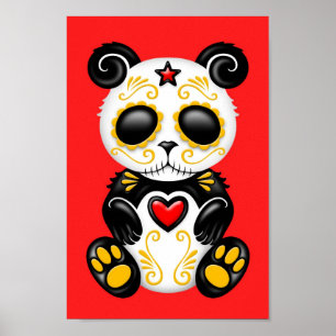 Yellow Zombie Sugar Panda auf Red Poster