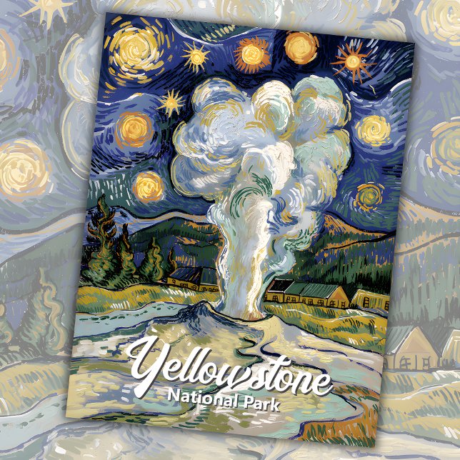 Yellowstone Alte Treue Van Gogh Starry Night Art Postkarte (Yellowstone Old Faithful Van Gogh Starry Night Art Postcard)