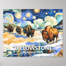 Yellowstone Bison Colorful Retro Starry Night Art Poster