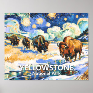 Yellowstone-Bisons Farbige Retro-Sternennacht-Kuns Poster