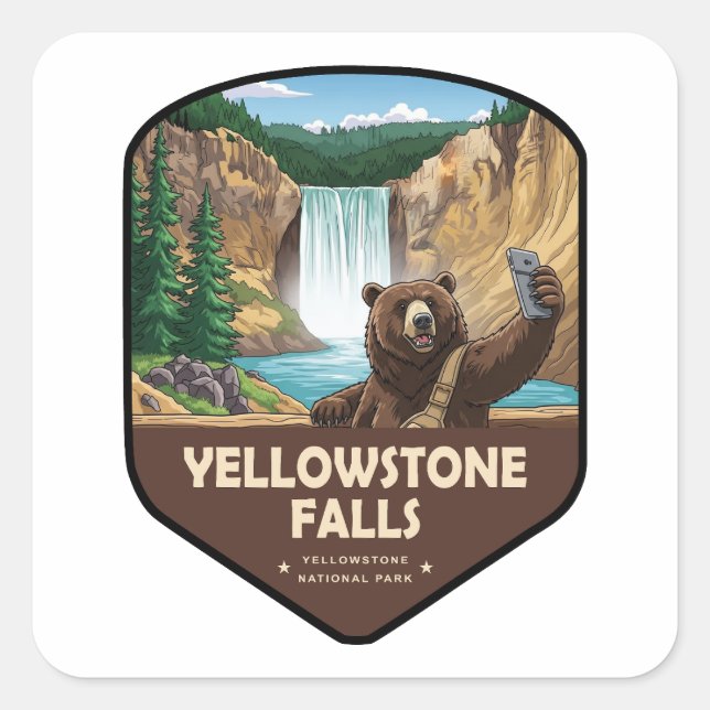 Yellowstone Falls Bär Selfie Schild Quadratischer Aufkleber (Vorderseite)