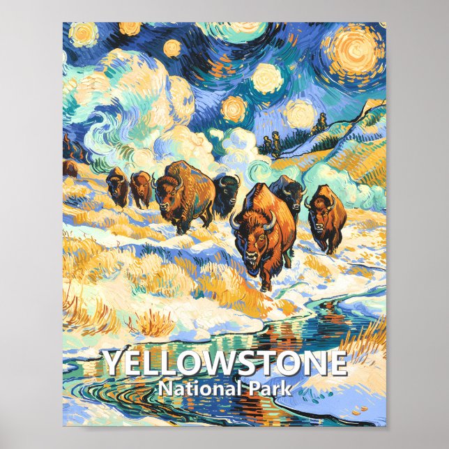 Yellowstone National Park Bison Vintage Winter Art Poster (Vorne)
