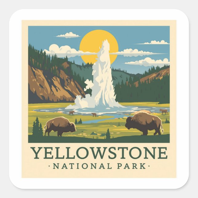 Yellowstone Nationalpark Adventure Design Quadratischer Aufkleber (Vorderseite)
