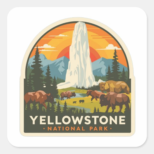 Yellowstone Nationalpark Adventure Design Quadratischer Aufkleber (Vorderseite)