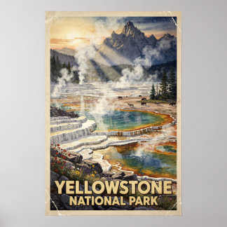 Yellowstone-Nationalpark im Vintage-Wasserfarbenst Poster