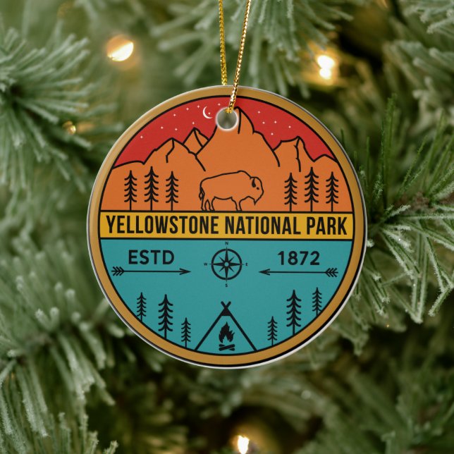Yellowstone Nationalpark Retro Wyoming USA Bison Keramik Ornament (Baum)