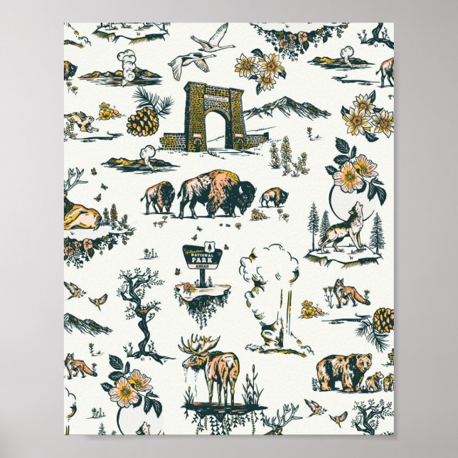Yellowstone Nationalpark Wildlife Patches Poster (Vorne)