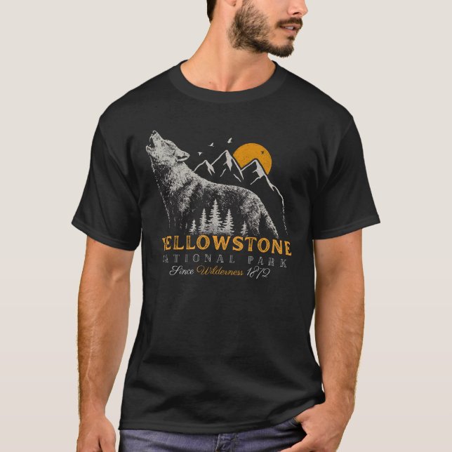 Yellowstone Nationalpark Wolf Berge Vintag T-Shirt (Vorderseite)
