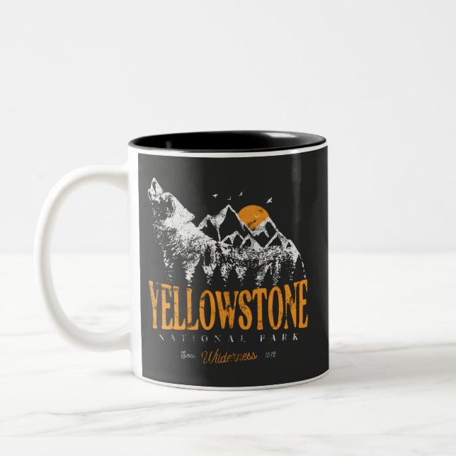 Yellowstone Nationalpark Wolf Berge Vintag Zweifarbige Tasse (Links)