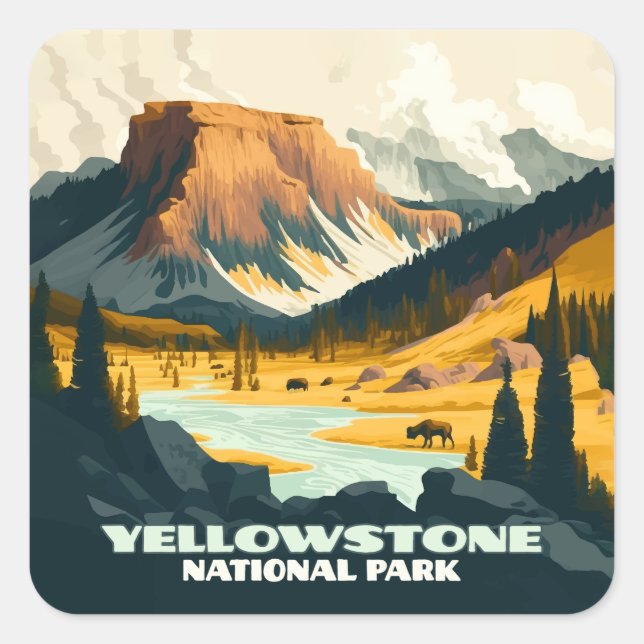 Yellowstone Nationalpark Wyoming Mountains Retro Quadratischer Aufkleber (Vorderseite)