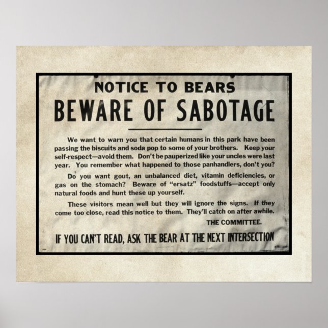 Yellowstone Park Notice Humour Bear 1959 Poster (Vorne)