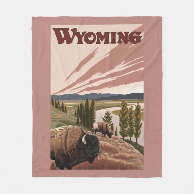 Yellowstone River Bison-Vintages Reise-Plakat Fleecedecke (Vorderseite)