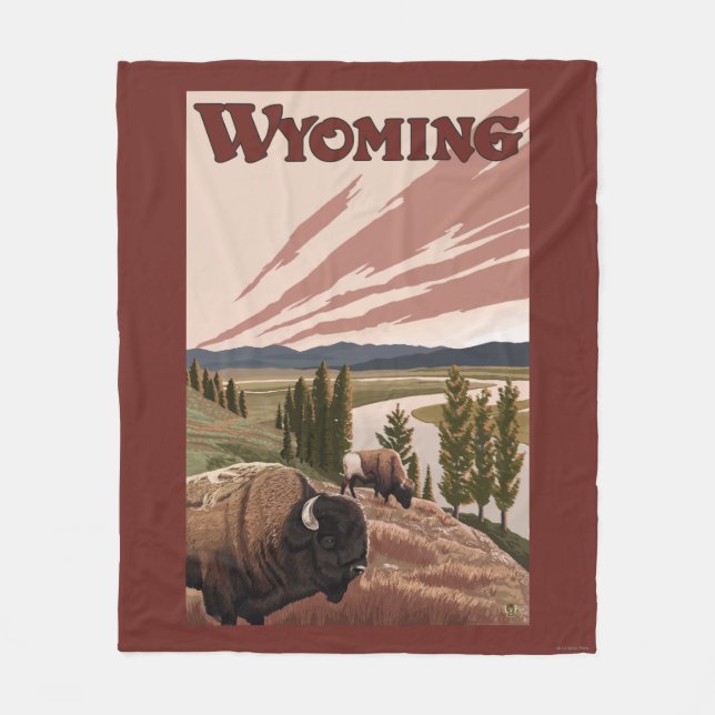 Yellowstone River Bison-Vintages Reise-Plakat Fleecedecke (Vorderseite)