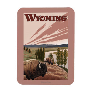 Yellowstone River Bison-Vintages Reise-Plakat Magnet