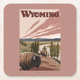 Yellowstone River Bison-Vintages Reise-Plakat Rechteckiger Pappuntersetzer
