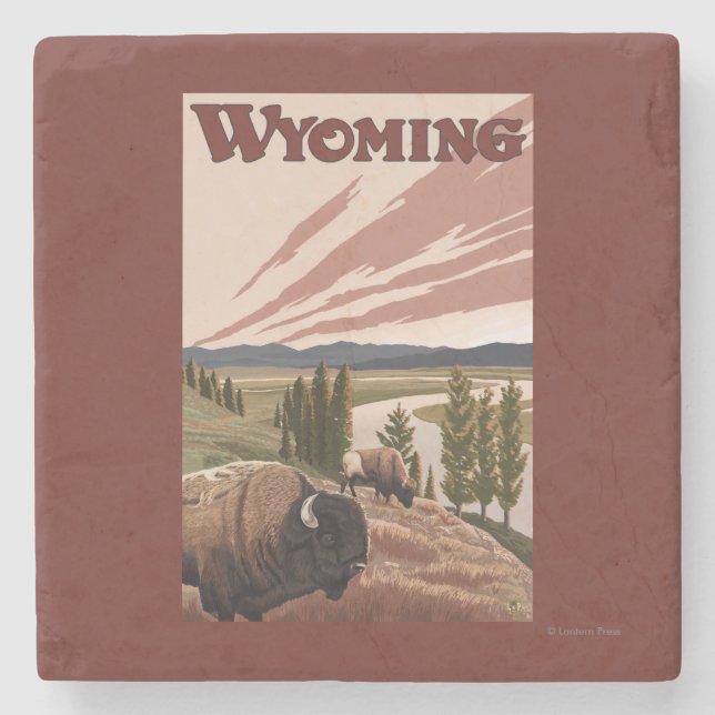 Yellowstone River Bison-Vintages Reise-Plakat Steinuntersetzer (Vorderseite)
