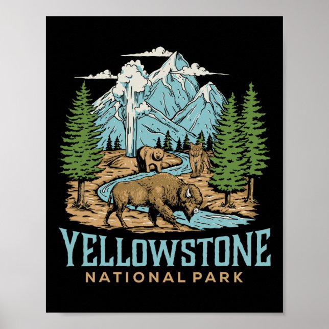 Yellowstone US Nationalpark Wolf Bison Bear Vinta Poster (Vorne)