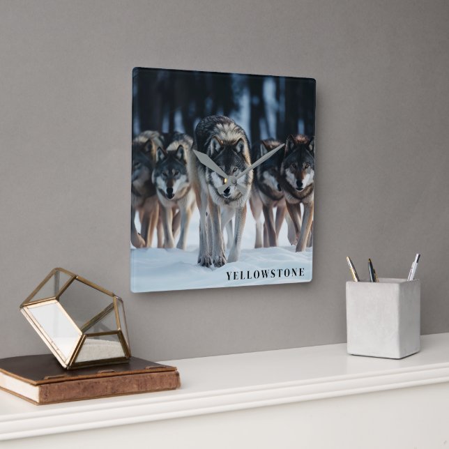 Yellowstone Wolves Quadratische Wanduhr (Büro)