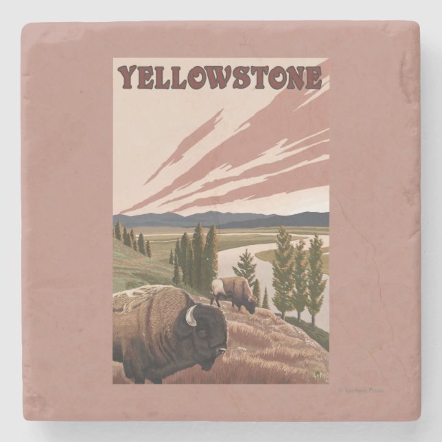 YellowstoneBison Szene Steinuntersetzer (Vorderseite)