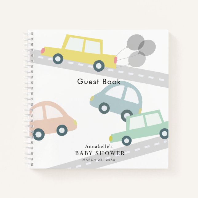 Yelow Car Balloons White Baby Dusche Notizbuch (Vorderseite)