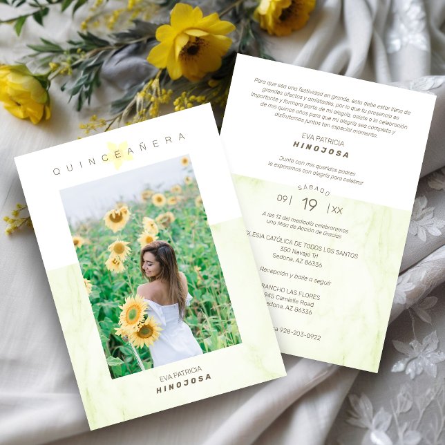 Yelow Marble Effect Romantic Photo Quinceañerank Einladung (Spanish Yellow Marble Effect Romantic Photo Quinceañera Invitation Card.)