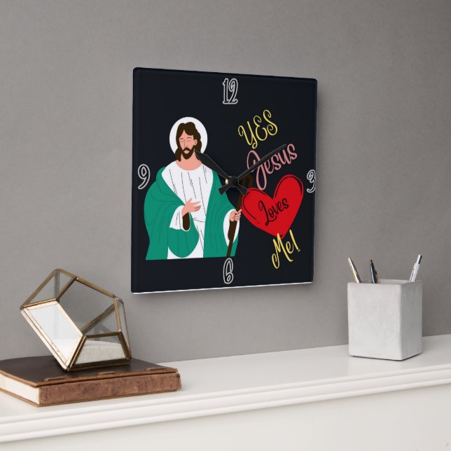 "Yes, Jesus Loves Me!" Black Square Wall Clock Quadratische Wanduhr (Büro)