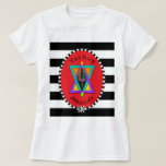 Yeshua Messiah T - Shirt<br><div class="desc">Die kühnen schwarz-weißen Streifen und Oval dieses auffälligen Tees sind attraktive Kulissen für einen Regenbogenmenorah und Star of David,  der "Yeshua Messiah" verkündet! Auf der Rückseite des Tees wird eine große Menüleiste innerhalb eines schwarz-weiß markierten Rahmens angezeigt. Viel Spaß! ~ Karyn</div>