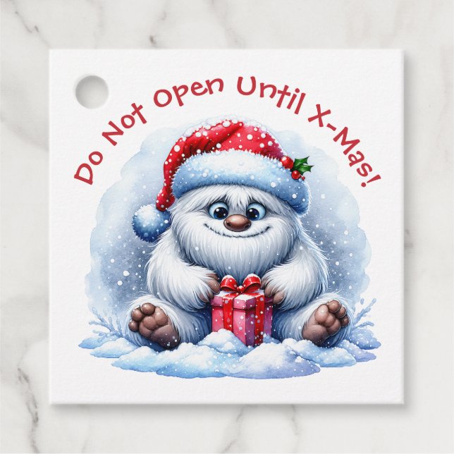 Yeti mit Geschenk – Nicht öffnen	 Geschenkanhänger (Vorderseite)