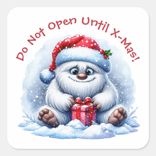 Yeti mit Geschenk – Nicht öffnen	 Quadratischer Aufkleber (Vorderseite)