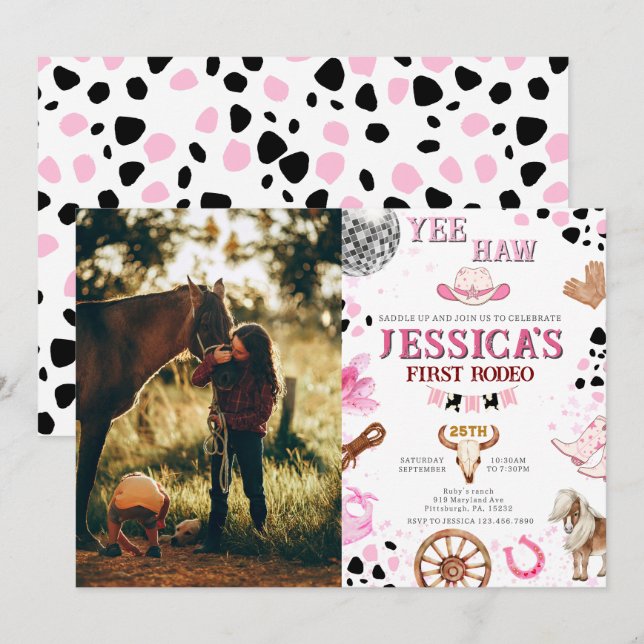 Yew Haw Disco Cowgirl Foto Rodeo Birthday Einladung (Vorne/Hinten)