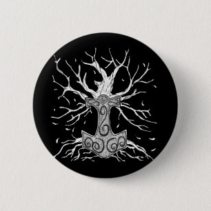 Yggdrasil, the Tree  of Nine Worlds, and  Mjolnir Button