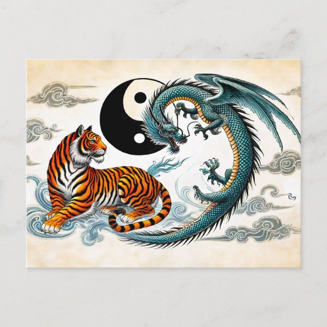 Yin and Yang Tiger and Dragon in Asian Art Style Postkarte (Vorderseite)