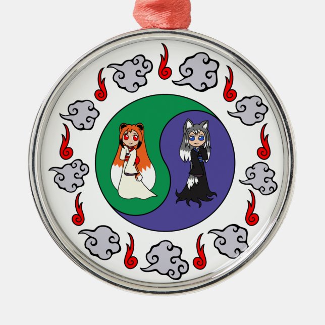 Yin u. Yang die niedliches Kitsune Schwestern Silbernes Ornament (Vorne)