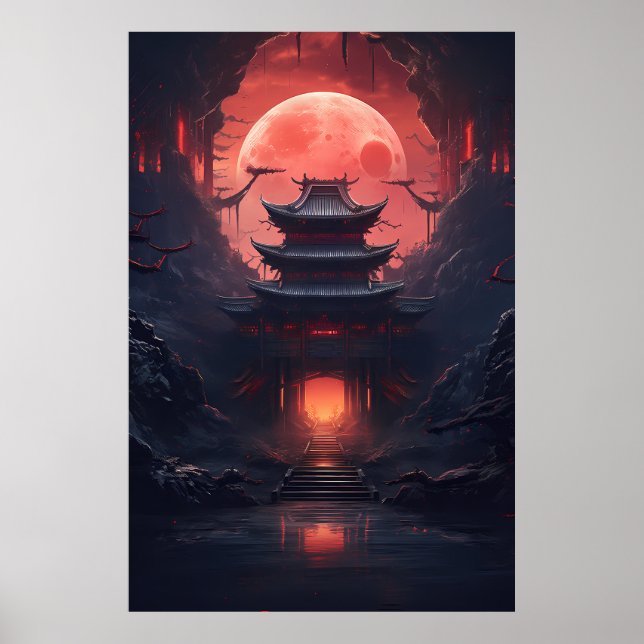 Yin und Yang Bridge und Tempel im Cyberpunk-Neon Poster (Vorne)