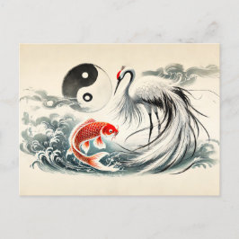 Yin und Yang Koi und Crane im asiatischen Kunststi Postkarte