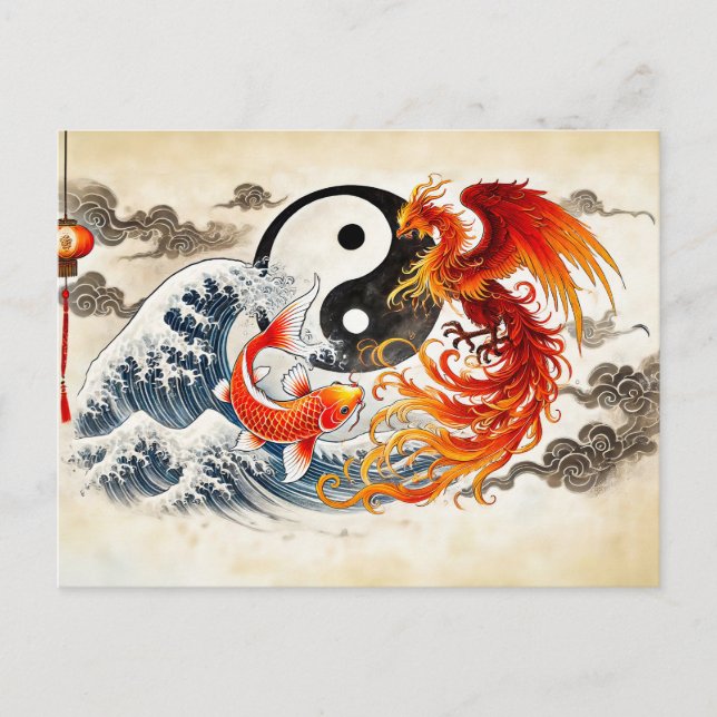 Yin und Yang Koi und Phoenix im asiatischen Stil Postkarte (Vorderseite)