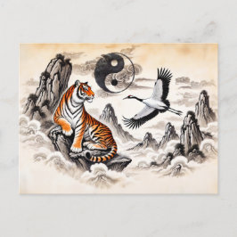 Yin und Yang Tiger und Crane im asiatischen Kunsts Postkarte