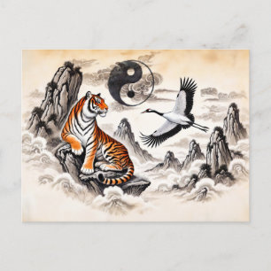 Yin und Yang Tiger und Crane im asiatischen Kunsts Postkarte