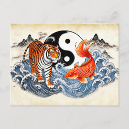 Yin und Yang Tiger und Koi im asiatischen Stil Postkarte