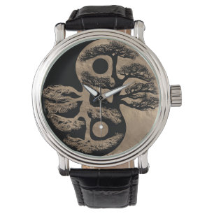 Yin Yang Baum-Schwarzes und Gold Armbanduhr