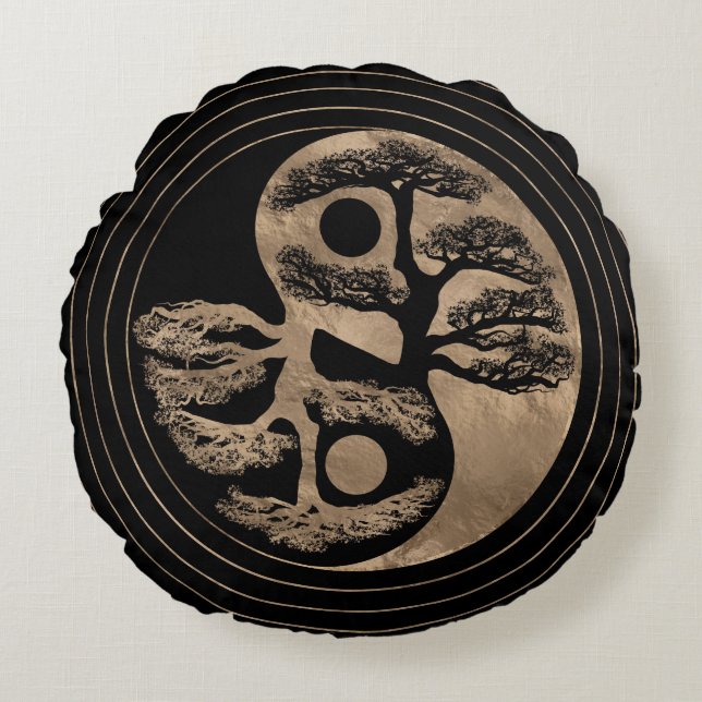 Yin Yang Baum-Schwarzes und Gold Rundes Kissen (Vorderseite)