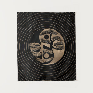 Yin Yang Baum-Schwarzes und Gold Wandteppich