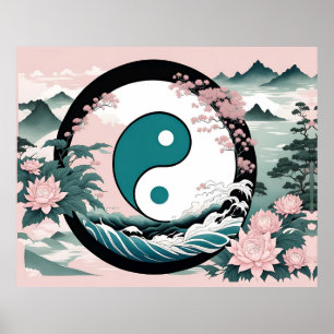 Yin Yang, Blumenrosa-Käfig Aquamarin Poster